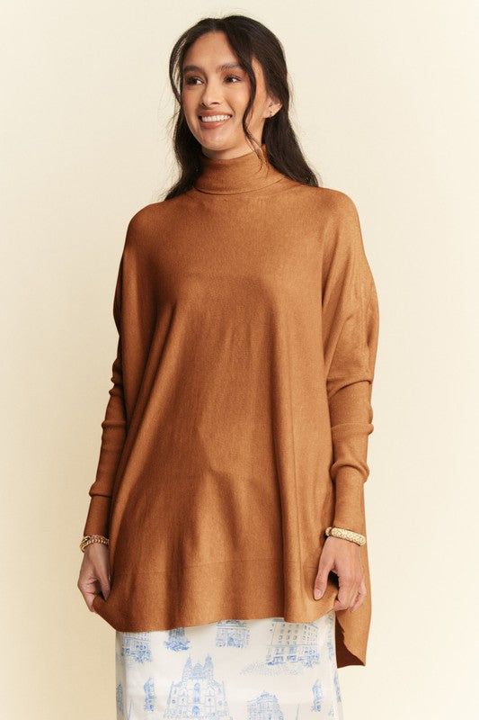 Davi & Dani High-Low Turtleneck Long Sleeves Loose Fit Knit Sweater | Caramel