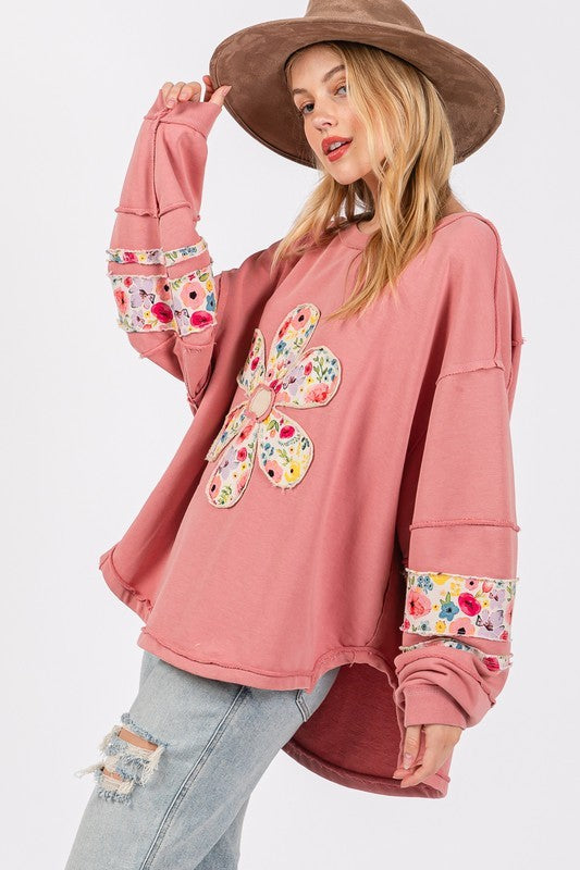 SAGE + FIG Daisy Patch Applique Long Sleeves Relaxed Fit Sweatshirt | Cream