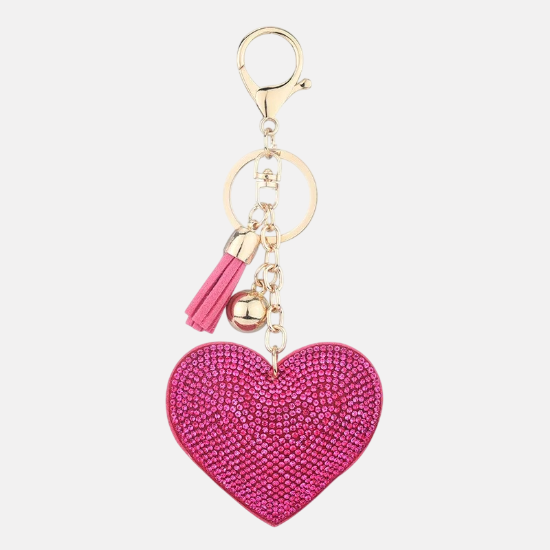 Adorable Crystal Heart Pillow Puffy Tassel Keychain with Bag Charm | Fuchsia