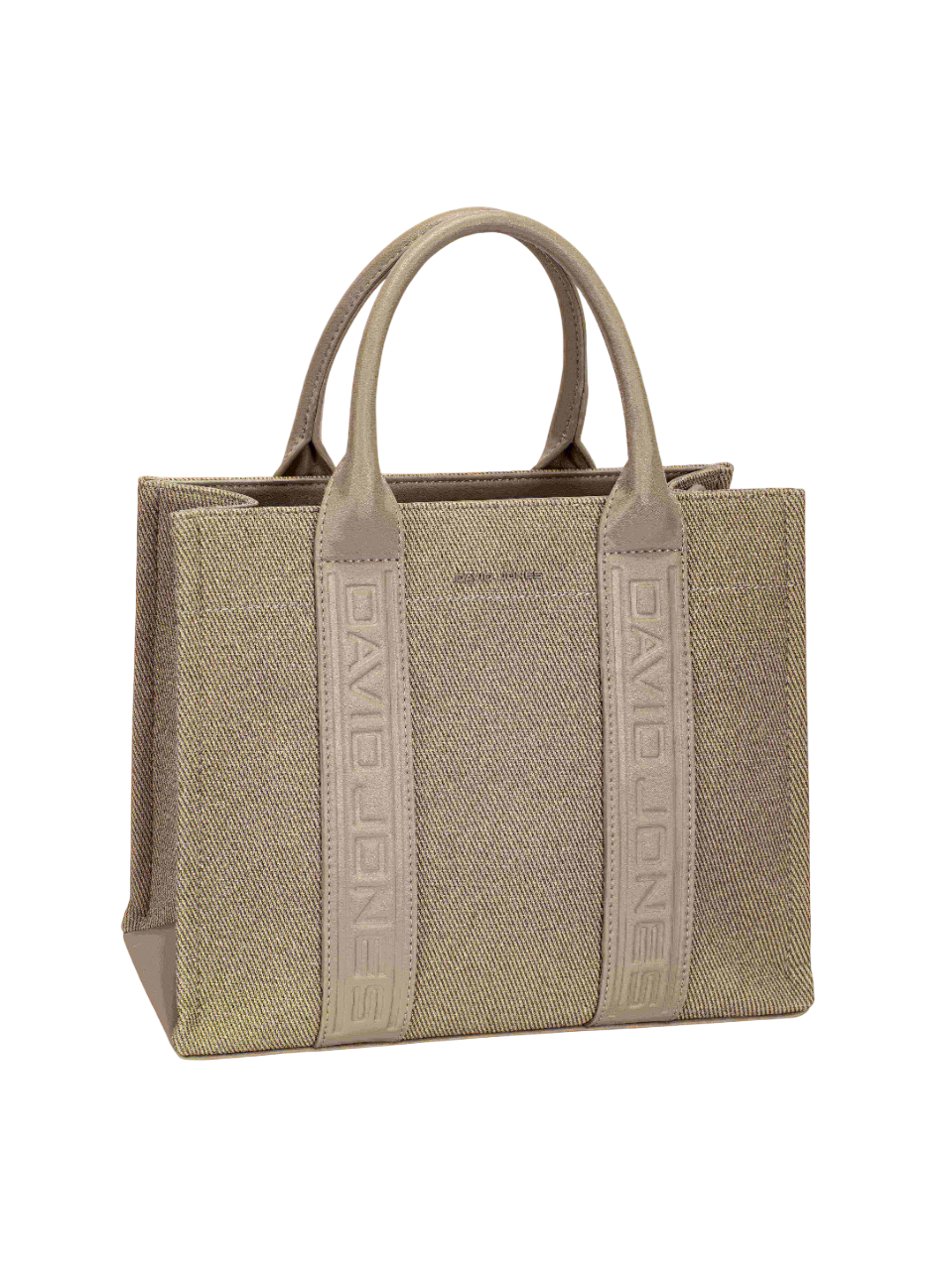 David Jones Contrast Leather Handles Zipper Closure Canvas Tote Handbag