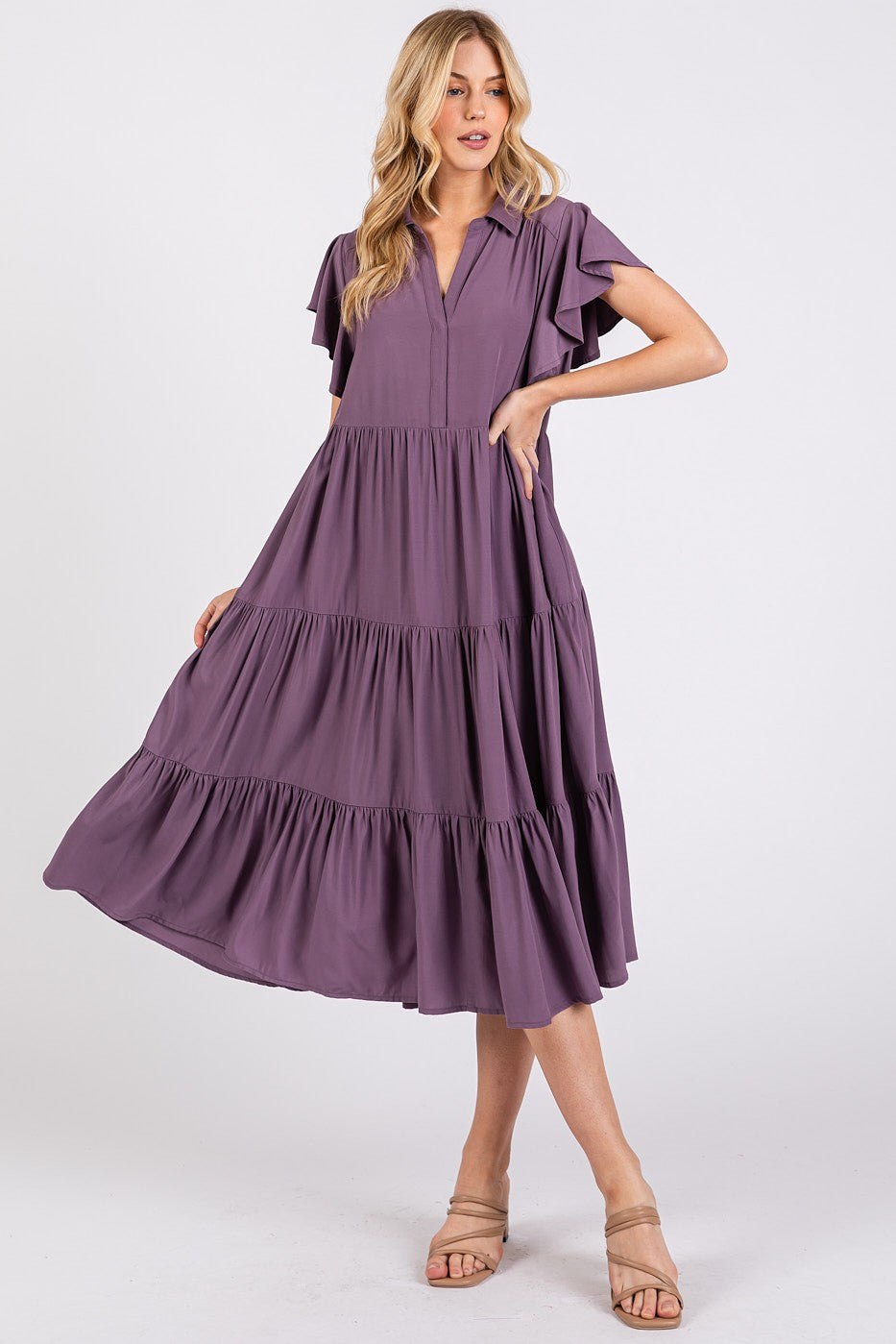 Mittoshop Ruffle Sleeve Collared V Neck Tiered Midi Dress | Mauve