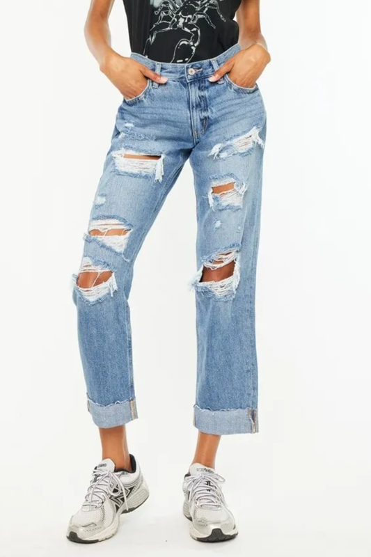 KanCan Mid Rise Heavy Distressed Zip Fly Medium Washed Boyfriend Fit Denim Jeans
