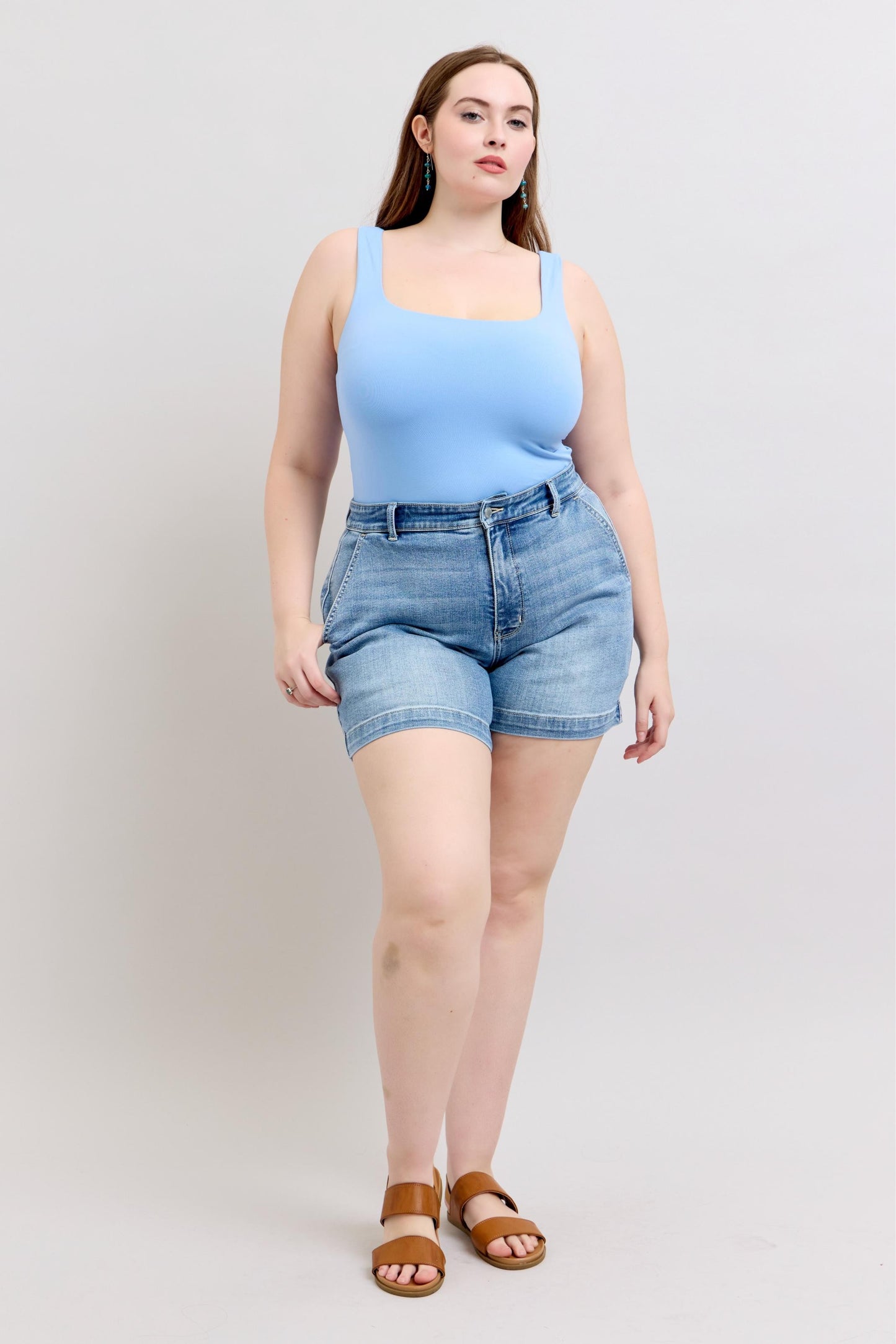 Judy Blue Plus Size High Rise Medium Washed Relaxed Fit Mid Length Denim Shorts