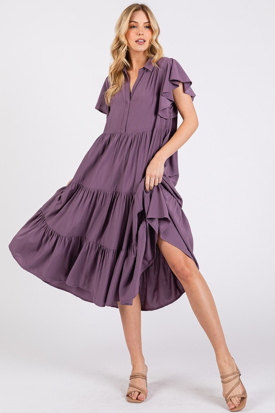 Mittoshop Ruffle Sleeve Collared V Neck Tiered Midi Dress | Mauve