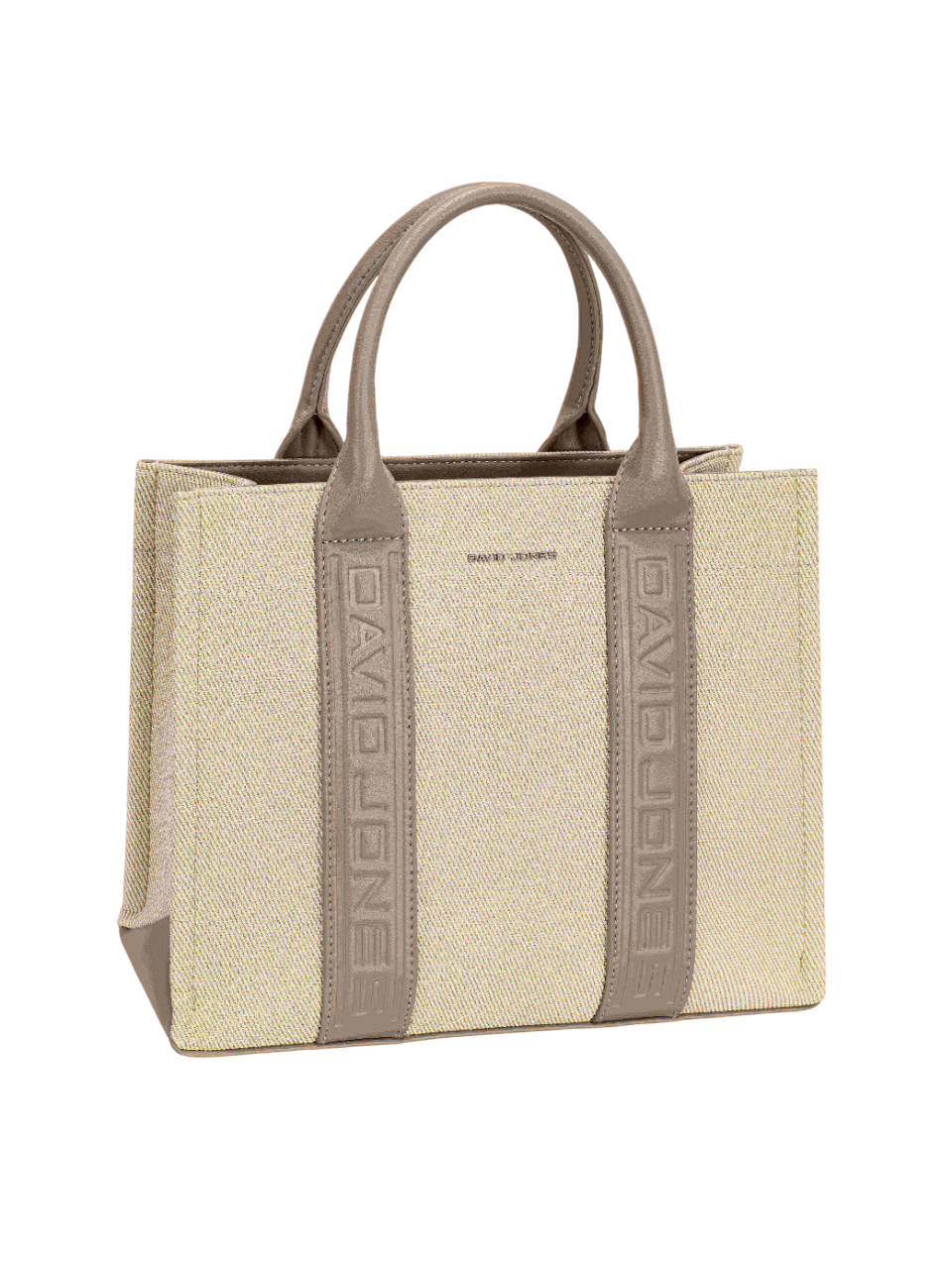 David Jones Contrast Leather Handles Zipper Closure Canvas Tote Handbag