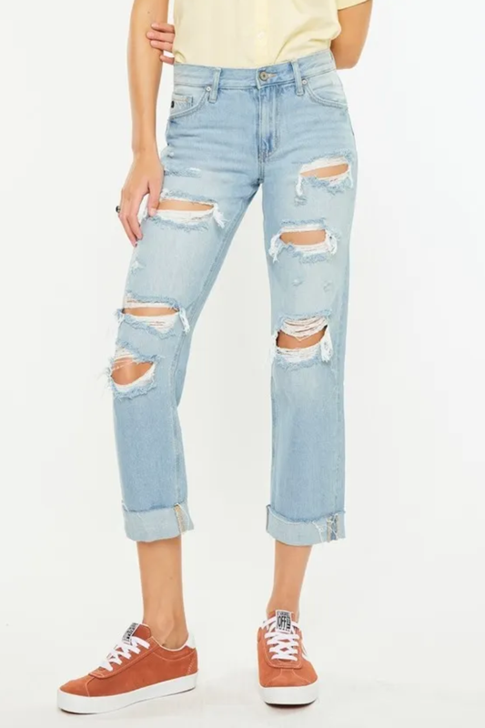 KanCan Mid Rise Heavy Distressed Zip Fly Light Washed Boyfriend Fit Denim Jeans