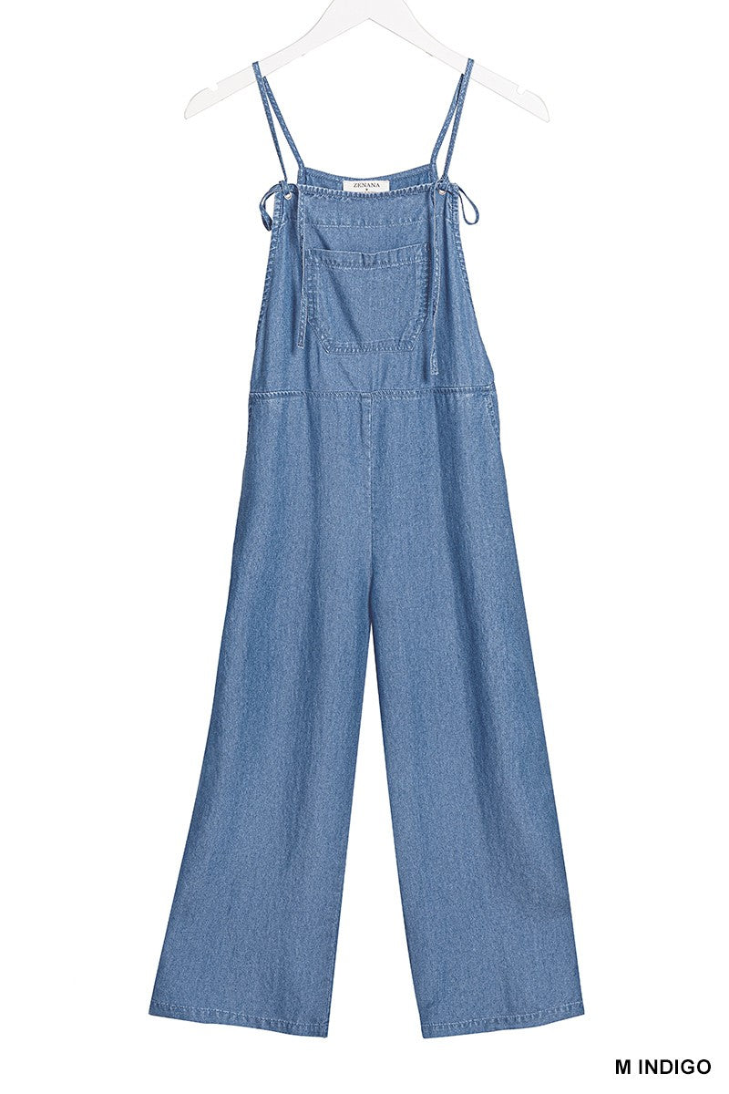 Zenana Enzyme Washed Adjustable Strap Pockets Wide Leg Denim Overalls | Blue