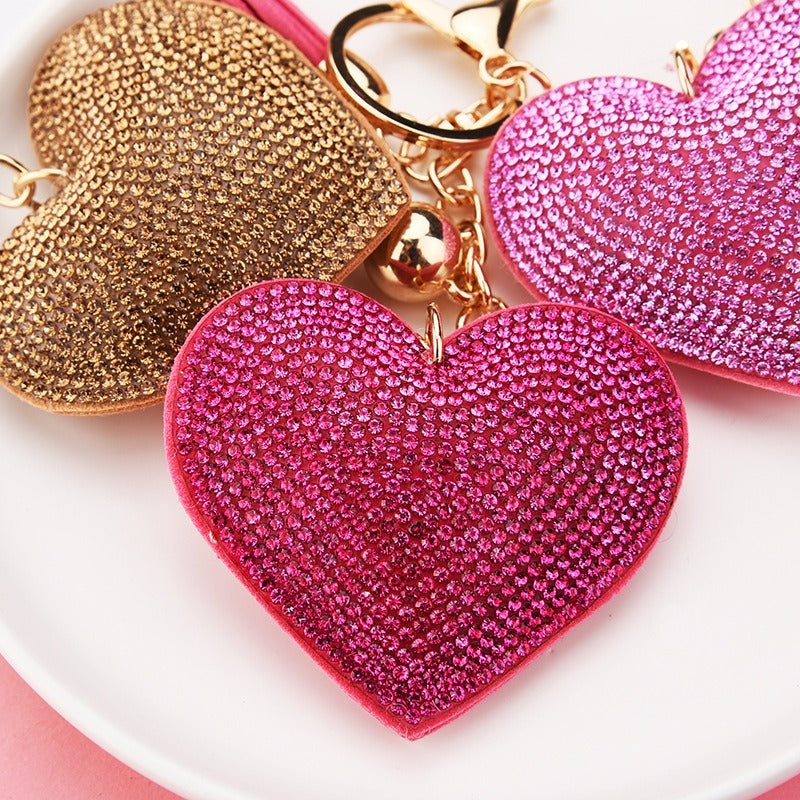 Adorable Crystal Heart Pillow Puffy Tassel Keychain with Bag Charm | Fuchsia