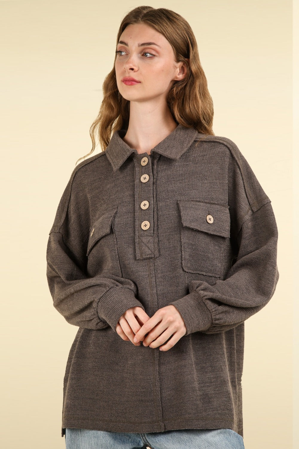 VERY J Collared Half Button Up Front Chest Pockets Oversized Knit Top | Charcoal