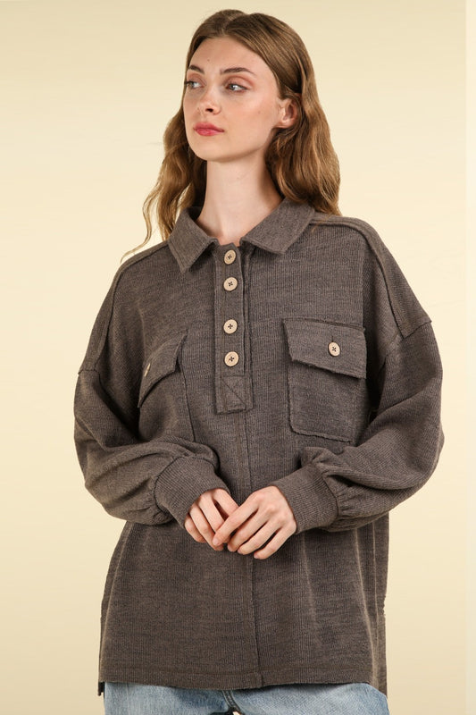 VERY J Collared Half Button Up Front Chest Pockets Oversized Knit Top | Charcoal