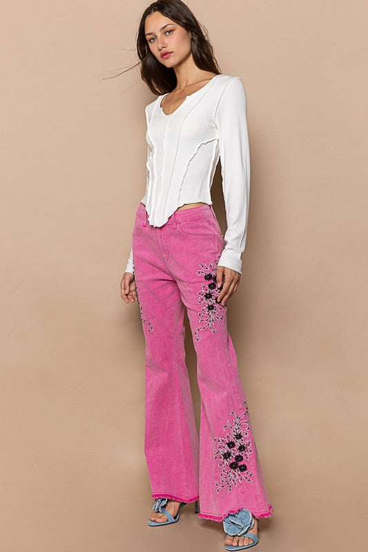 POL Slim Fit Raw Hem Embroidered Detail Stretch Flare Denim Jeans | Hot Pink