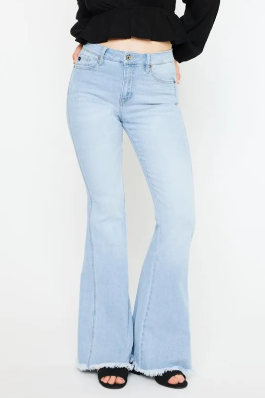 KanCan High Rise Waist Raw Hem Zipper Fly Light Washed Curvy Flare Denim Jeans