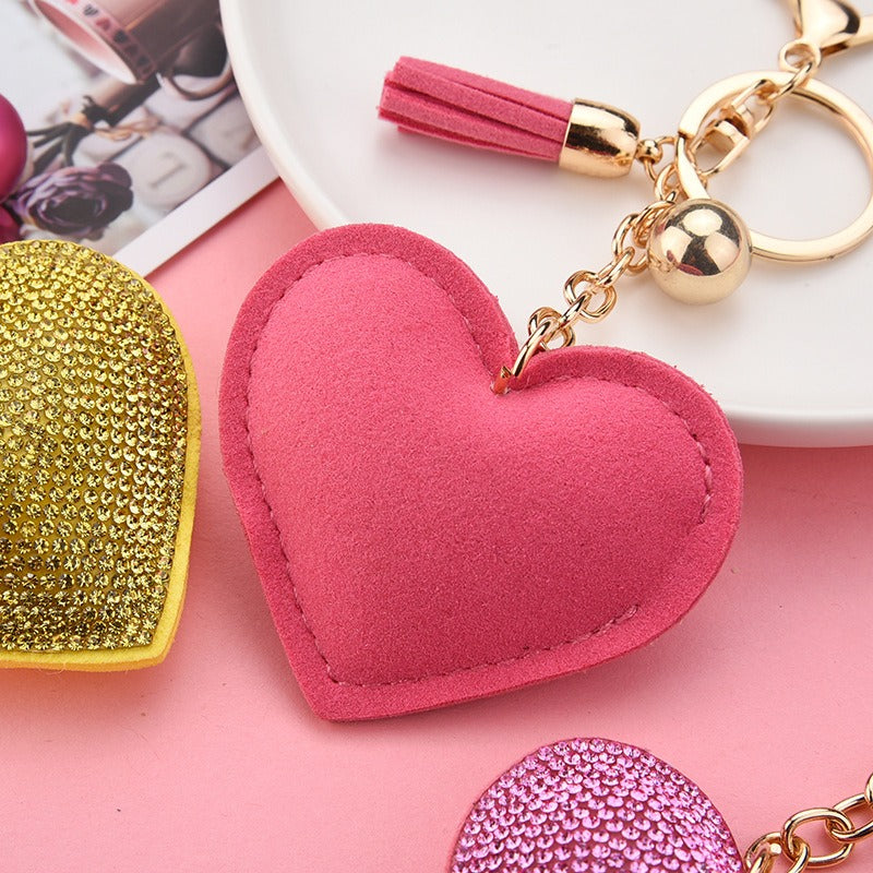 Adorable Crystal Heart Pillow Puffy Tassel Keychain with Bag Charm | Fuchsia