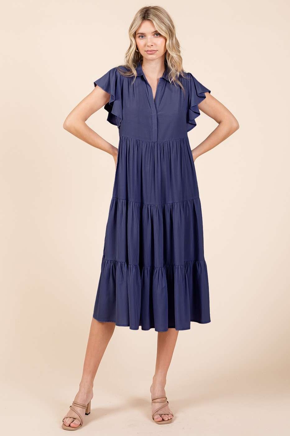 Mittoshop Ruffle Sleeve Collared V Neck Tiered Midi Dress | Dark Navy