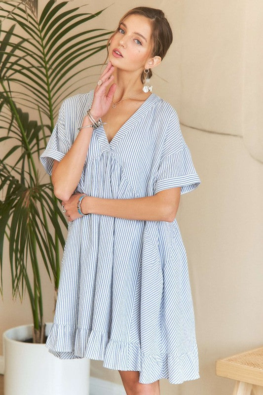 ADORA Ruffled Hem Striped V-Neck Striped Pattern Babydoll Dress | Light Blue