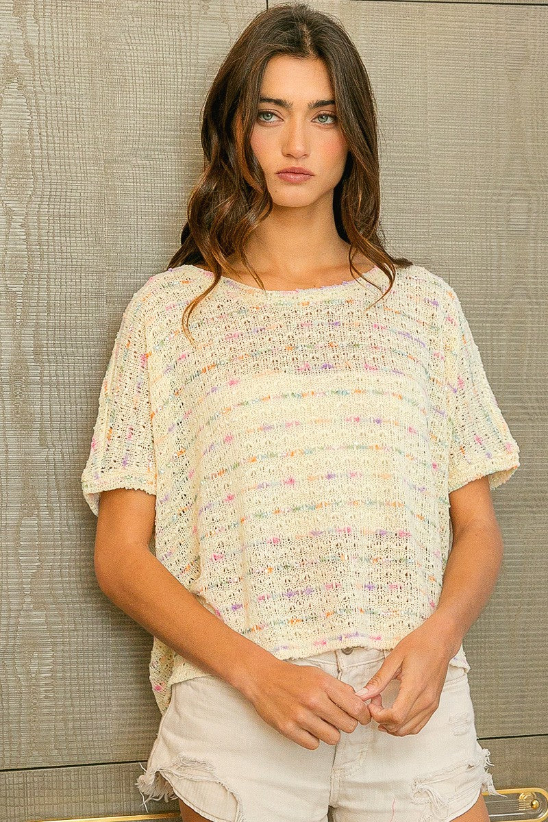 BiBi Multicolor Striped Short Sleeves Round Neck Popcorn Knit Top | Oatmeal