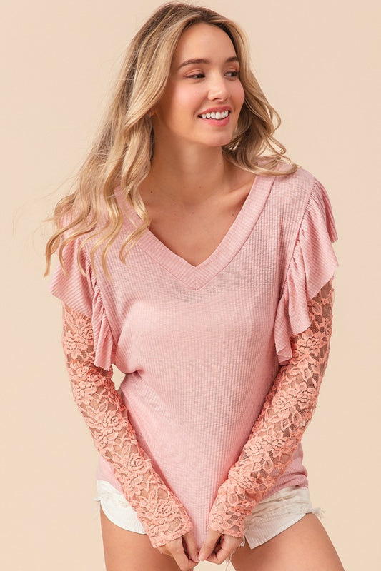 BiBi Ruffled Lace Sleeves V-Neckline Ribbed Knit Top