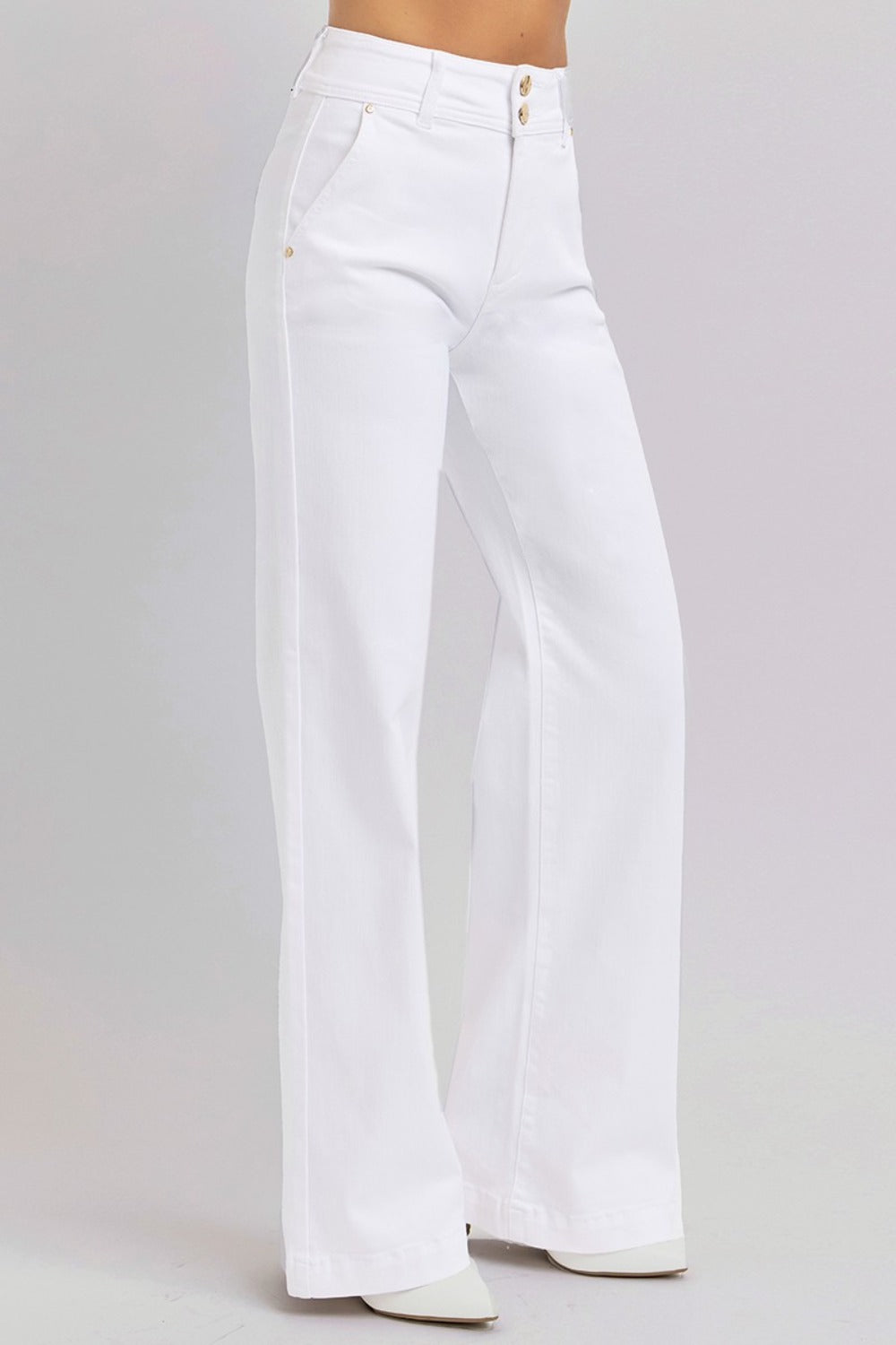 RISEN Tummy Control High Rise Double Button Wide Leg White Denim Jeans