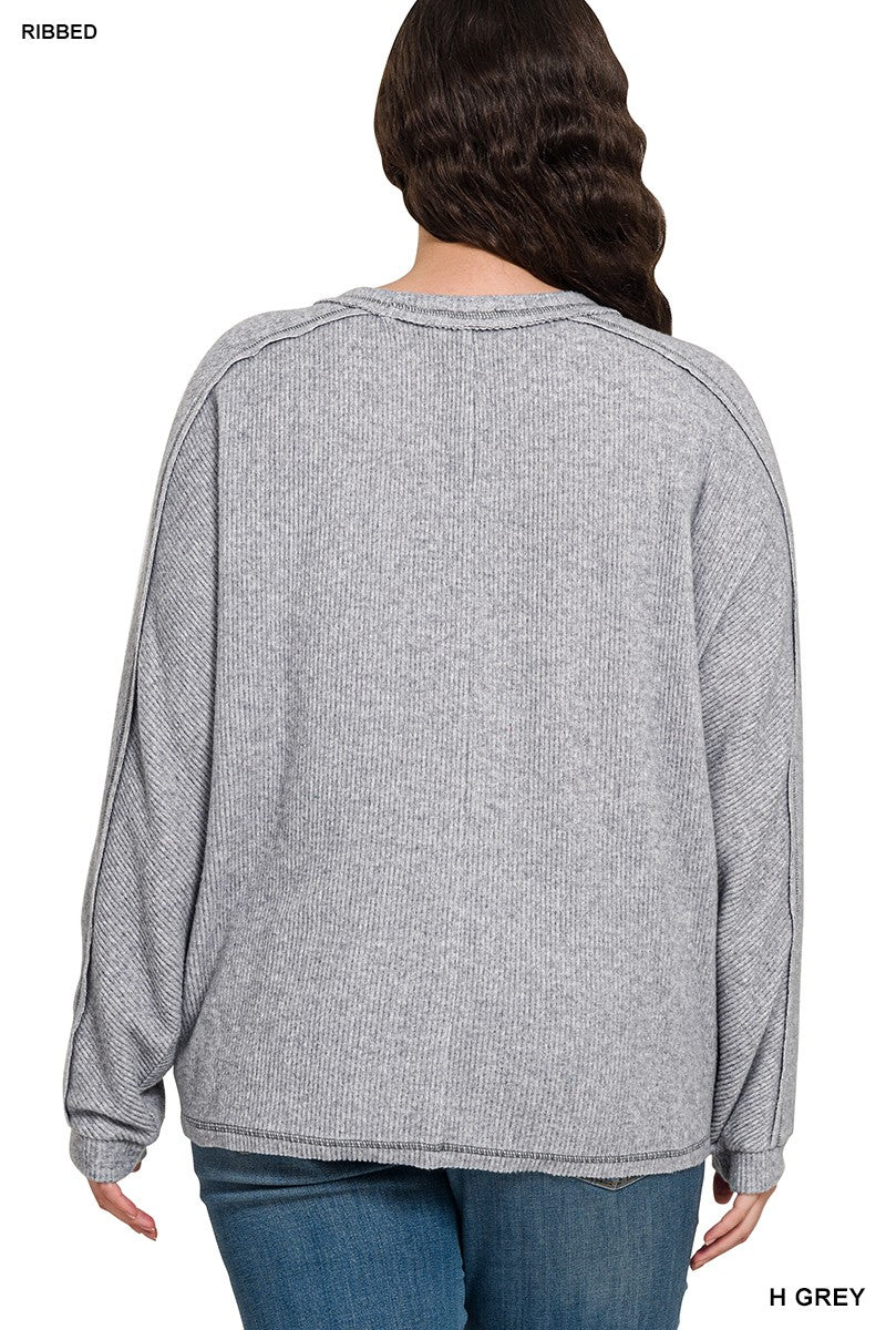 Zenana Contrast Stitching Brushed Ribbed Hacci Round Neck Knit Top | H Grey