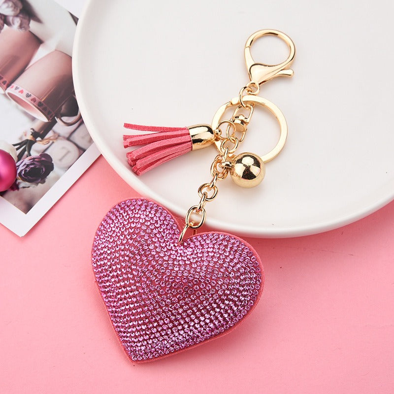 Adorable Crystal Heart Pillow Puffy Tassel Keychain with Bag Charm | Fuchsia