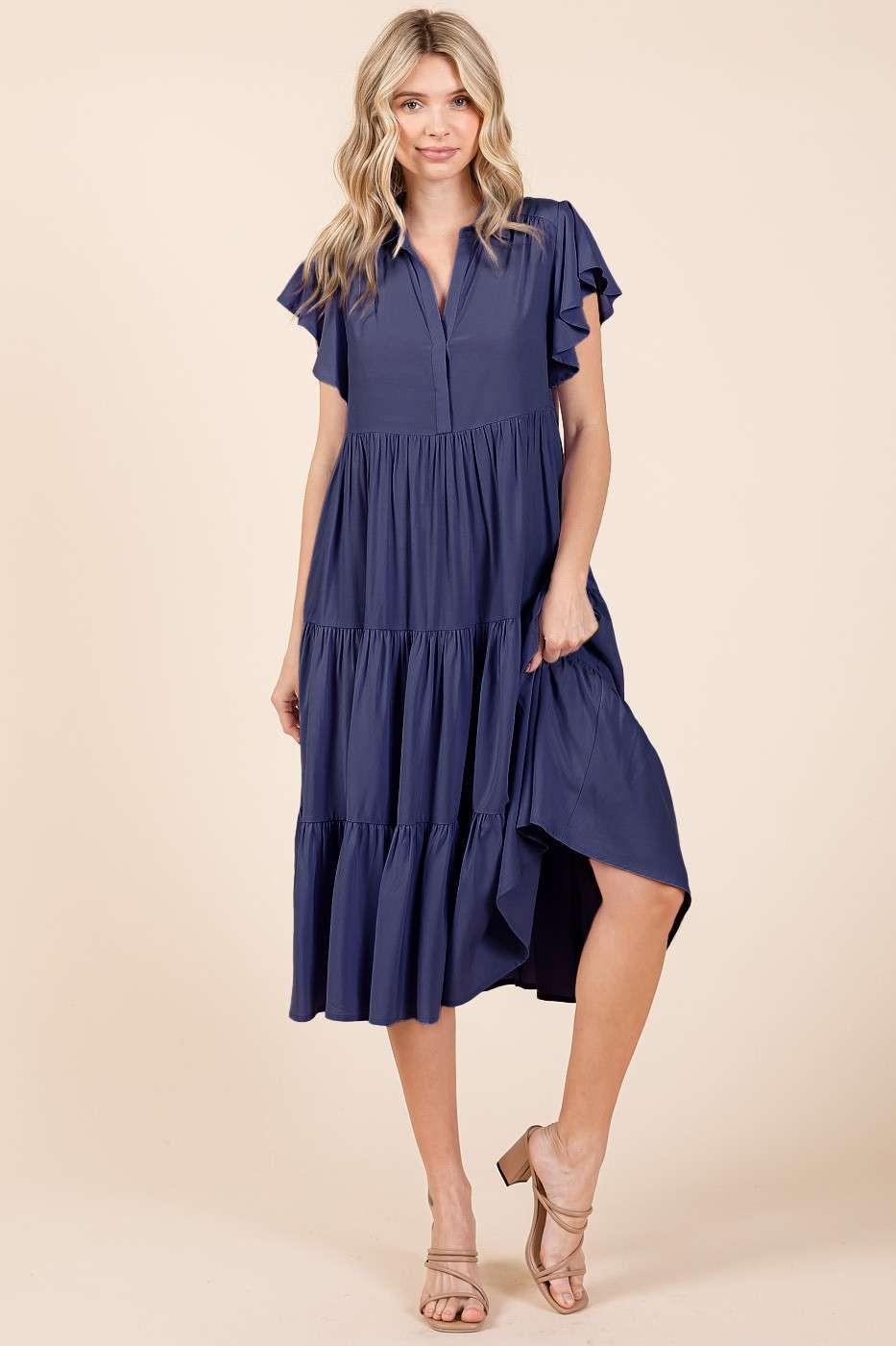 Mittoshop Ruffle Sleeve Collared V Neck Tiered Midi Dress | Dark Navy