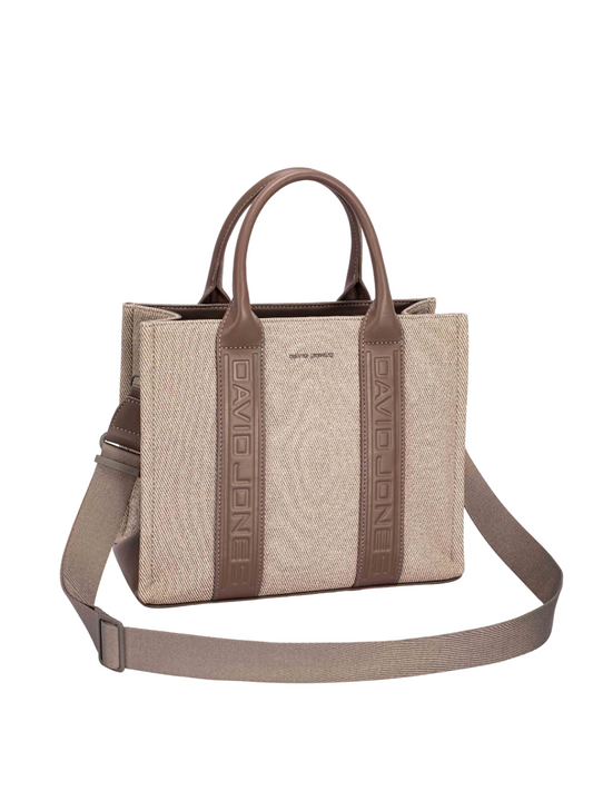 David Jones Contrast Leather Handles Zipper Closure Canvas Tote Handbag