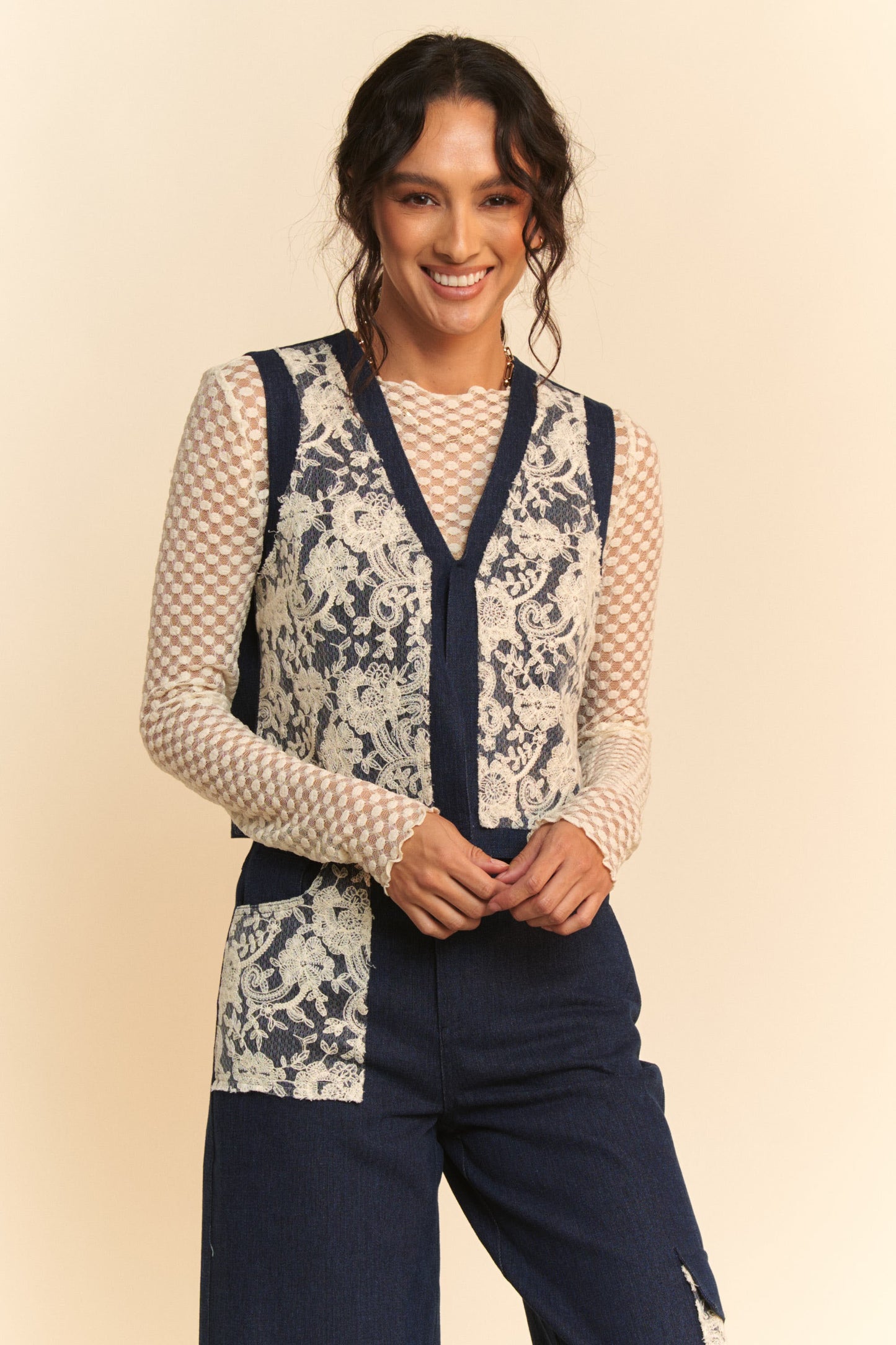 Davi & Dani Casual Textures Lace Patch Detail Open Front Denim Vest | Dark Blue