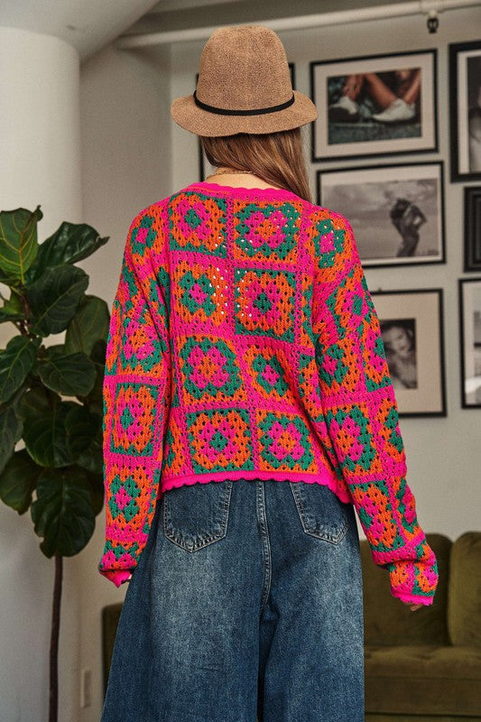 Davi & Dani Crochet Patchwork Round Neck Pullover Sweater