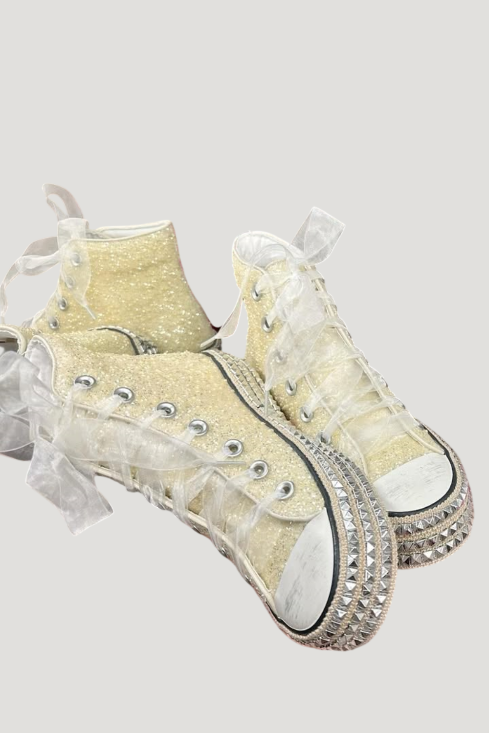 Beast Fashion Glitter Detail Lace-Up Studded Platform Sneakers | White Pearl