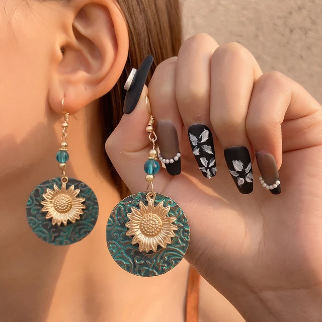 Bohemian Sunflower Vintage Drop Earrings Jewelry Gifts | Turquoise/Gold