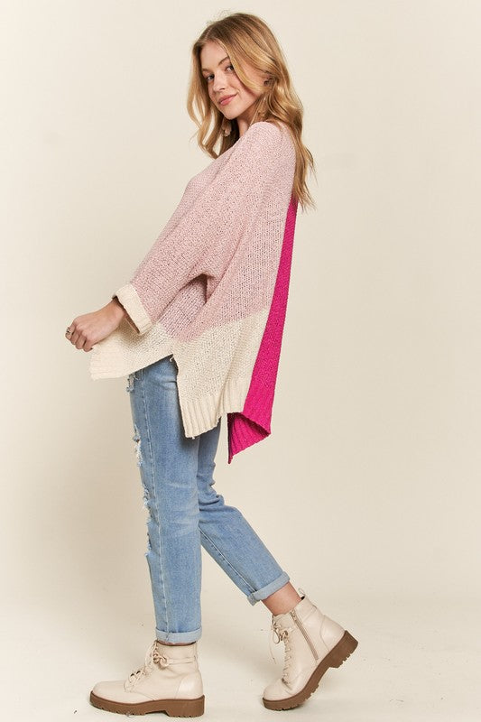 ADORA Side Slit Color Block Long Sleeves V-Neck Lightweight Sweater | Hot Pink