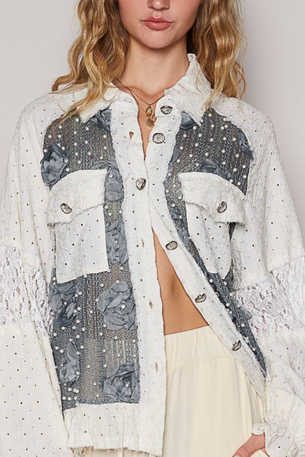 POL Eyelet Flower Pearl Detail Lace Patchwork Balloon Sleeves Shirt | Charcoal