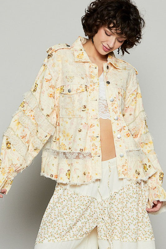 POL Vintage Washed Raw Hem Lace Patch Flounce Sleeves Pockets Jacket | Yellow