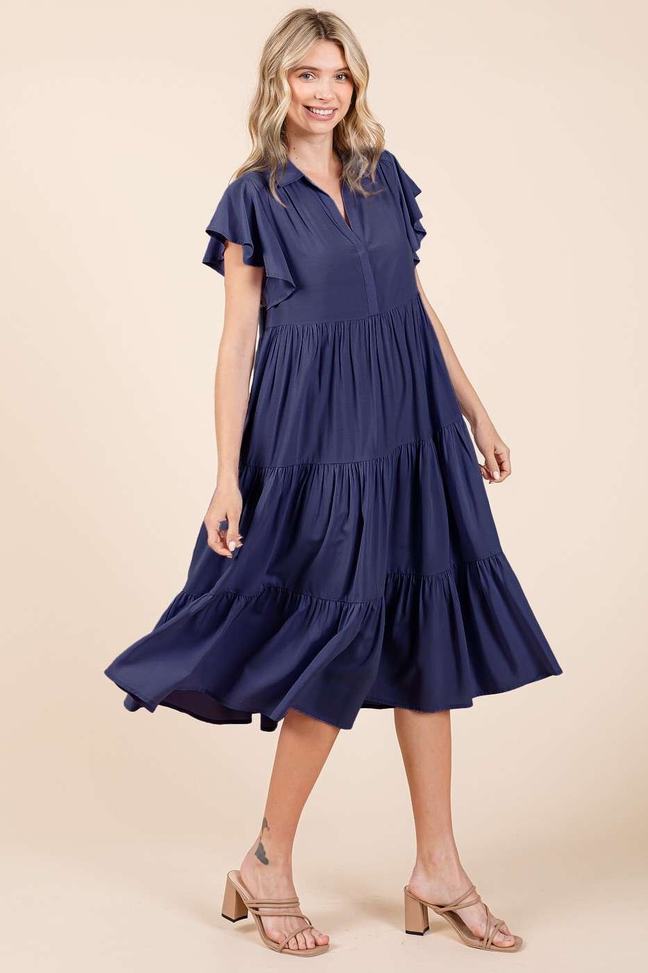 Mittoshop Ruffle Sleeve Collared V Neck Tiered Midi Dress | Dark Navy