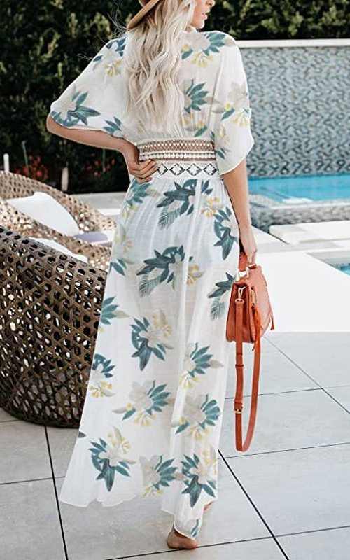 Chiffon Floral Print Lace Trim Cover Up Longline Beachwear Size XL