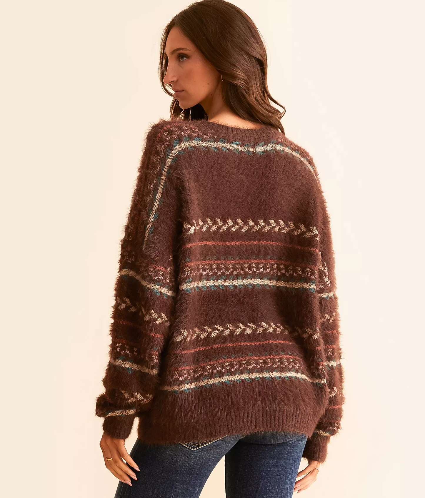 Threaded Pear Madison Ethnic Pattern Knitted Drop Shoulder Soft Sweater | Brown