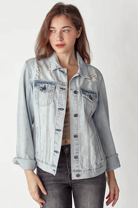 RISEN Long Sleeves Distressed Button Up Chest Pockets Light Wash Denim Jacket