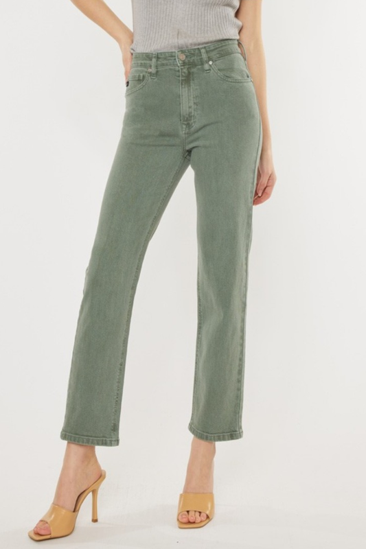 Kancan Ultra High Rise Waist Zip Fly Cropped Straight Leg Denim Jeans | Olive