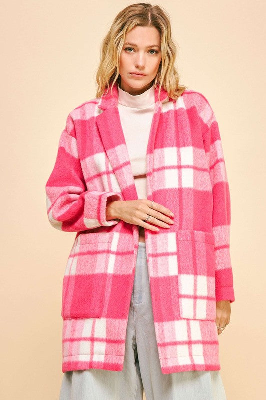 Davi & Dani Checker Plaid Pocket Drop Shoulder Open Front Coat Jacket | Hot Pink