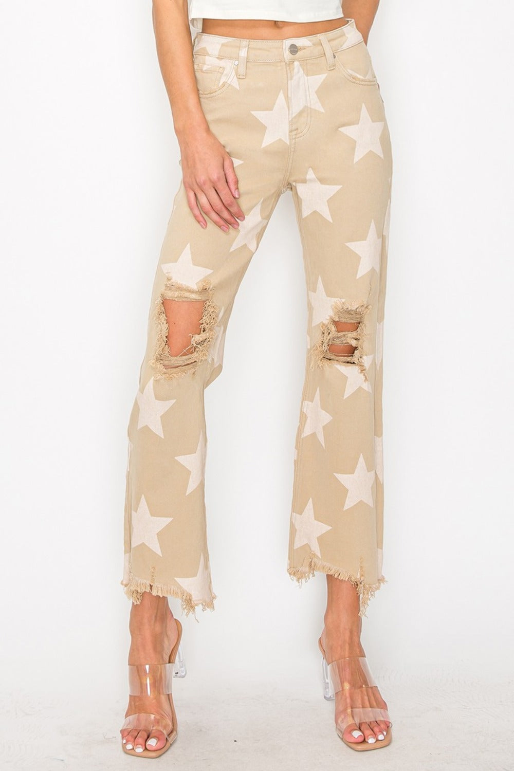 RISEN High Rise Star Printed Distressed Frayed Hem Straight Denim Jeans | Khaki