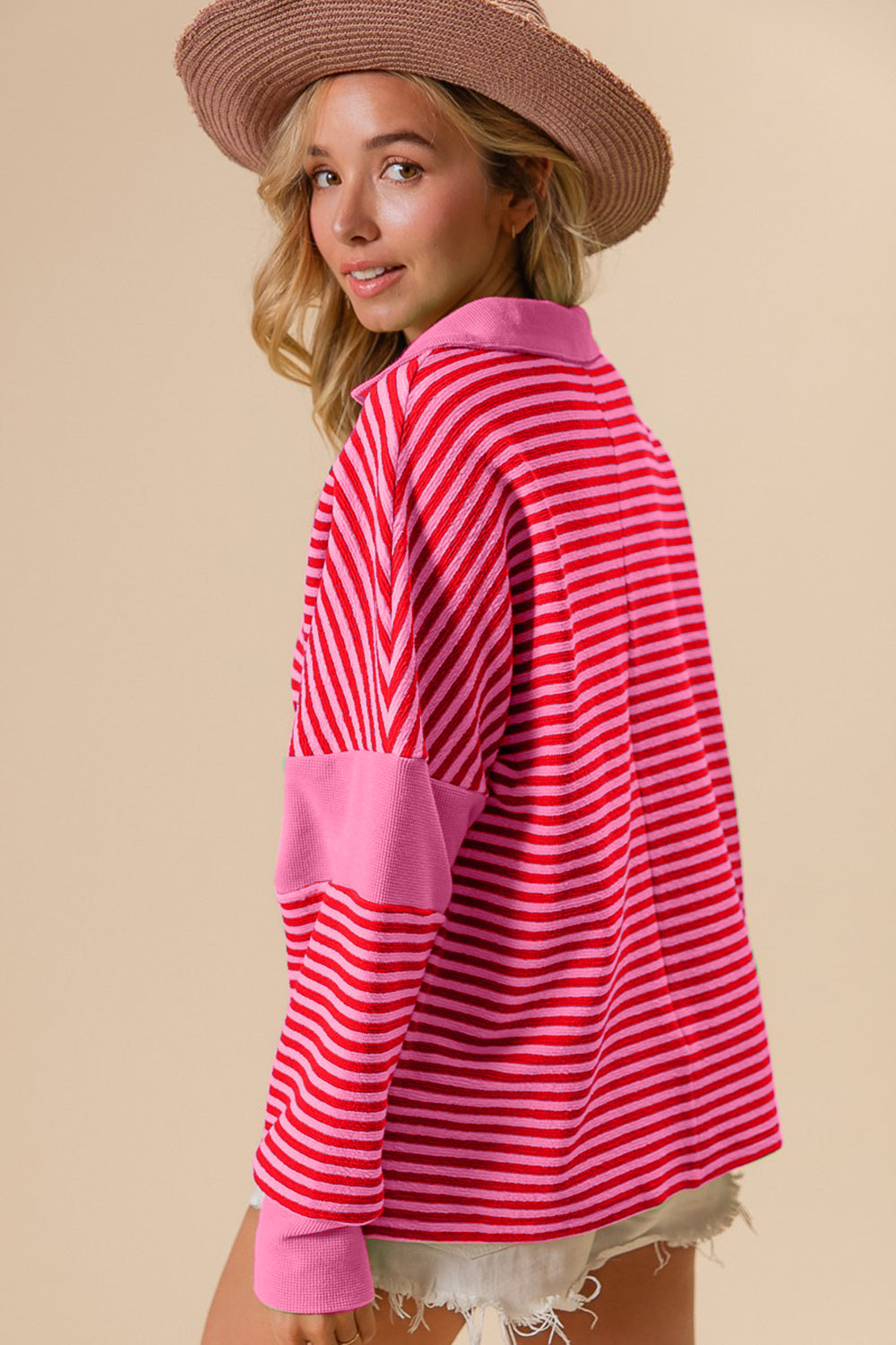 BiBi Contrast Striped Pattern Long Sleeves Loose Fit Knit Top | Pink