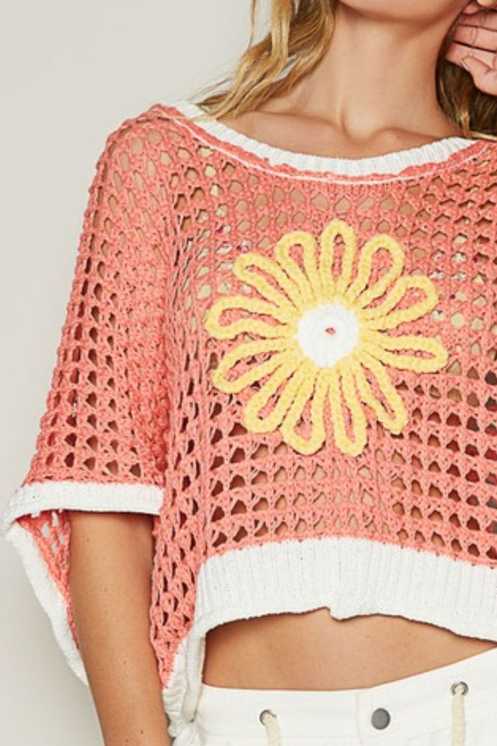 POL Hollow Out Flower Detail Half Sleeves Loose Knit Crochet Sweater | Coral