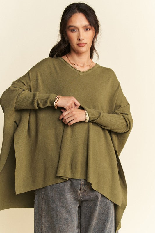 Davi & Dani High-Low Side Slit Batwing Sleeve Top | Olive