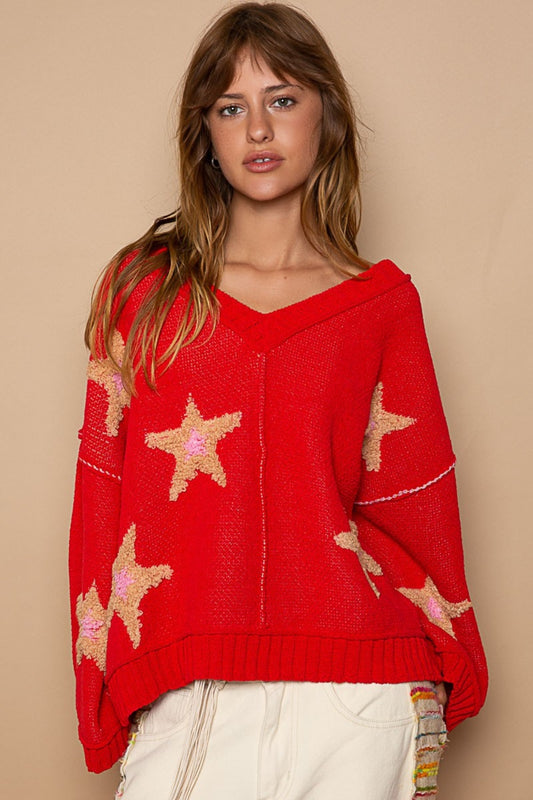 POL Relaxed Fit Long Sleeves Star Patch V-Neck Pullover Sweater | Apple Red