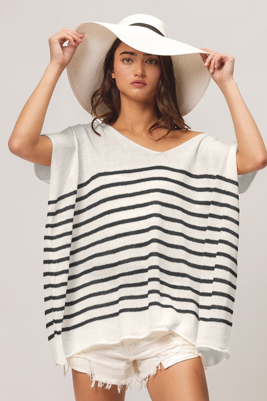 BiBi V-Neck Striped Pattern Short Dolman Sleeves Oversized Top | Black