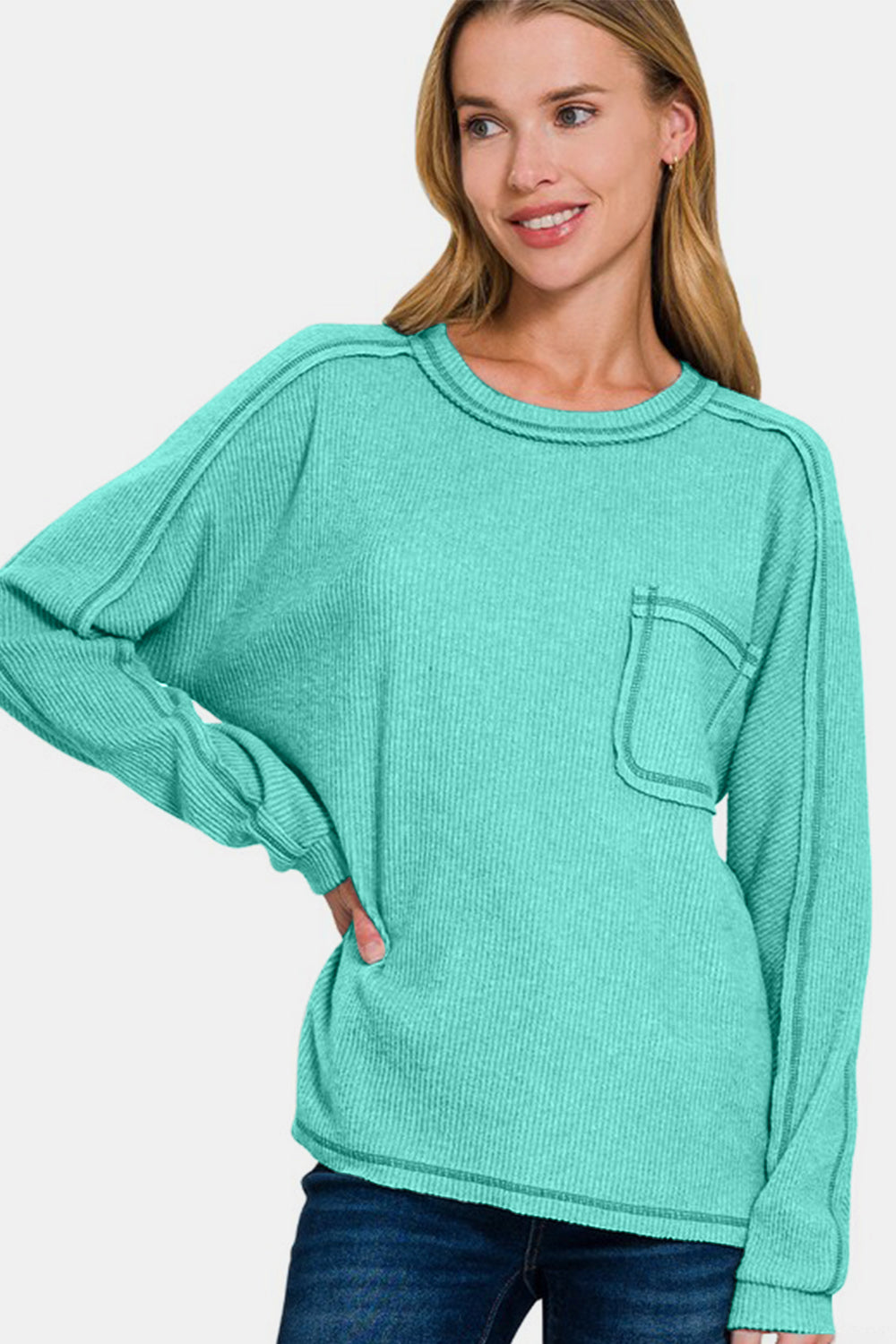 Zenana Contrast Stitching Brushed Ribbed Hacci Round Neck Knit Top | Turquoise