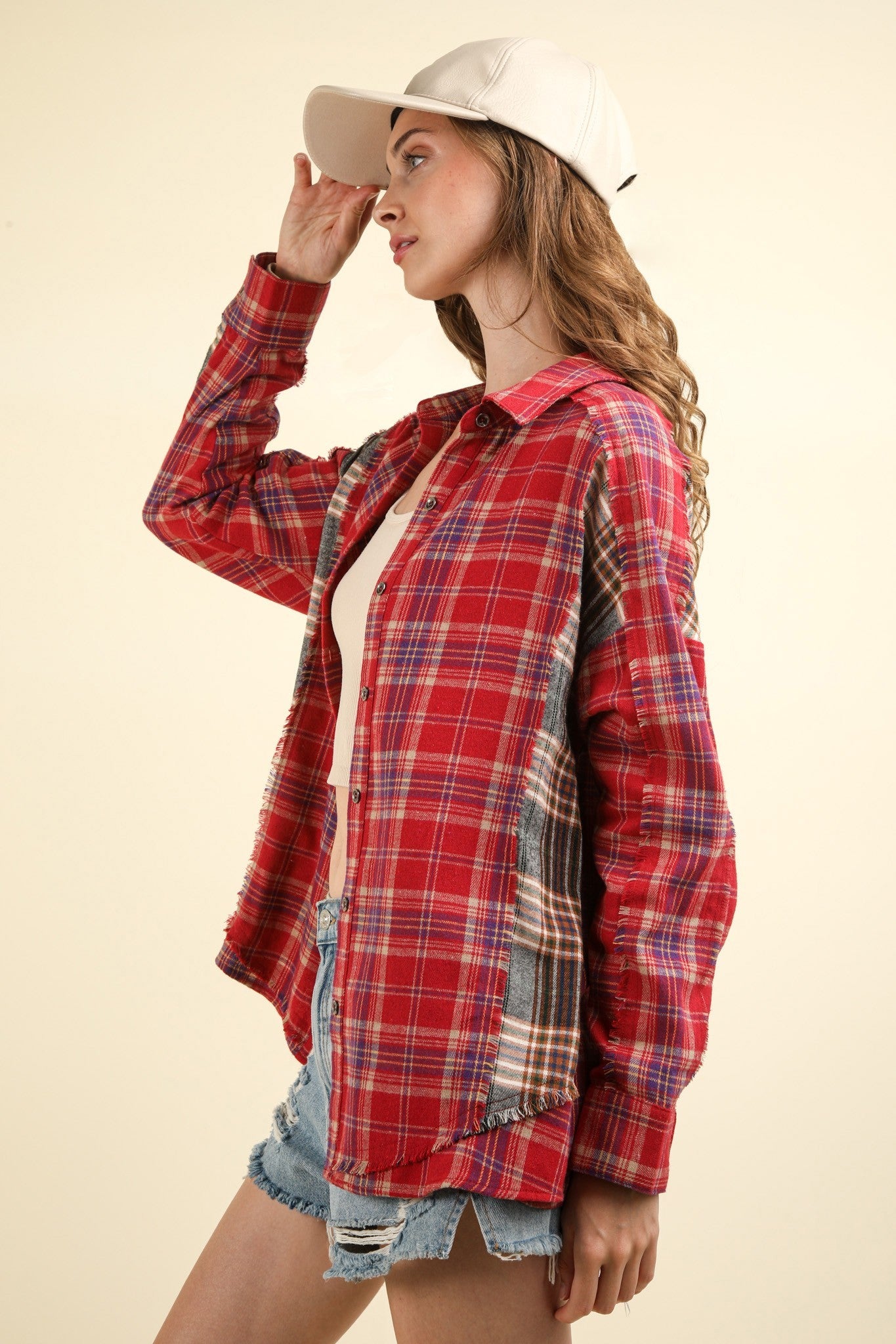 VERY J Contrast Plaid Pattern Frayed Detail Long Sleeves Oversized Shirt | Taupe