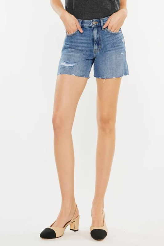 KanCan Distressed High Waist Raw Hem Zipper Fly Medium Wash Denim Shorts