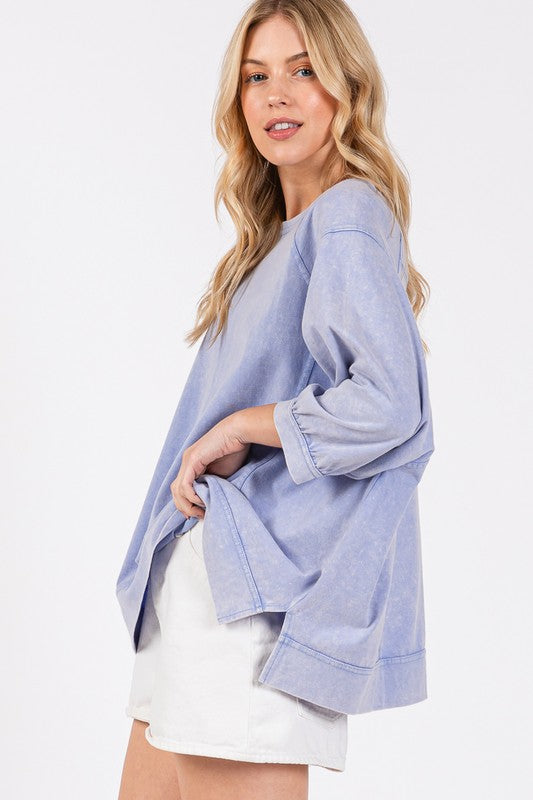 SAGE + FIG Mineral Washed Side Slit Round Neck Relaxed Fit Sweatshirt | Blue