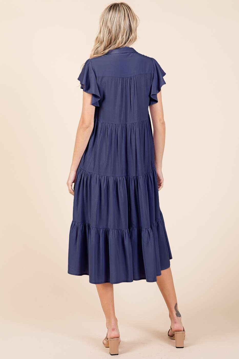 Mittoshop Ruffle Sleeve Collared V Neck Tiered Midi Dress | Dark Navy